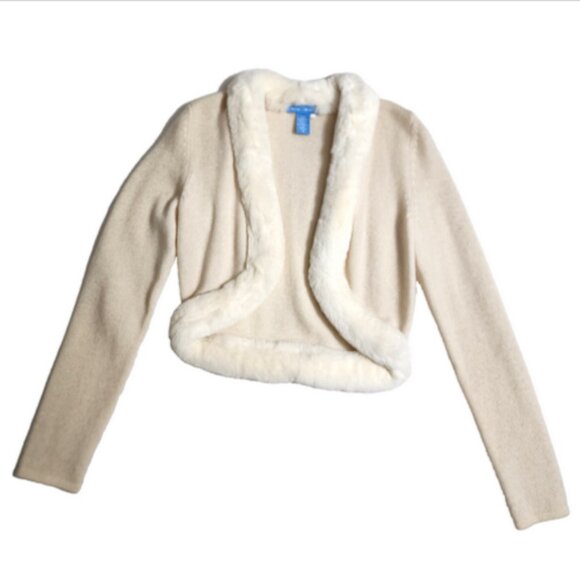 White + Warren Sweaters - White+Warren 100% Cashmere Open Front Shrug w/Rabbit Trim Vintage RARE